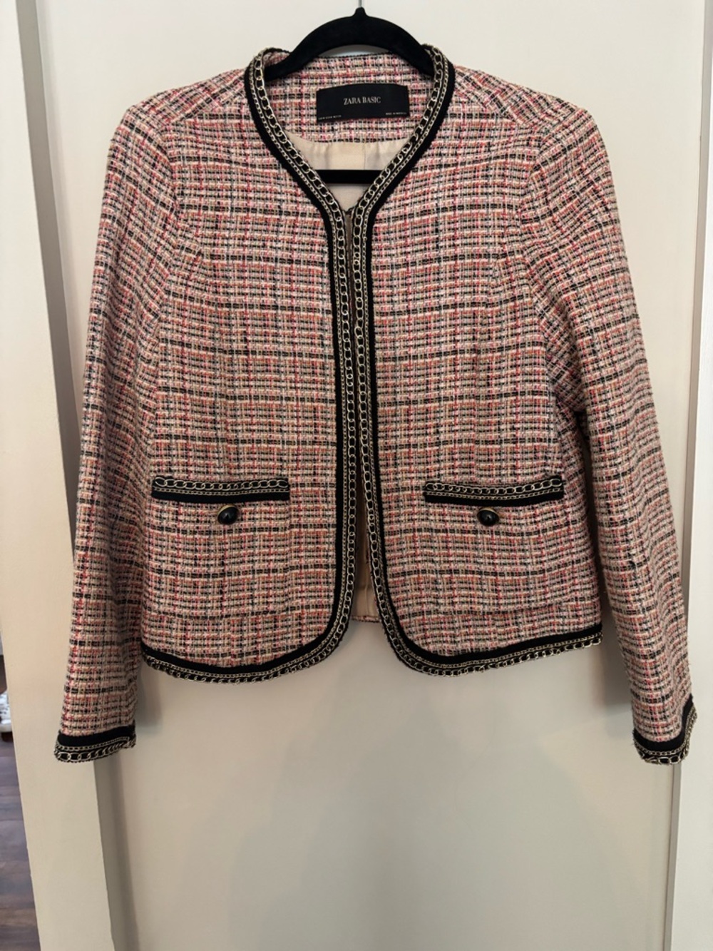 Zara Pink Tweed Blazer with Chain trim and Front Pockets